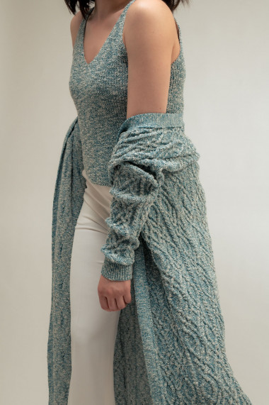 Cardigan lung de dama Amavi, tricotat cu torsade, turcoaz