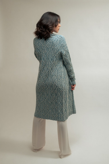 Cardigan lung de dama Amavi, tricotat cu torsade, turcoaz