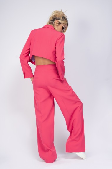 Costum Bluzat sacou cropped si pantaloni cu dunga roz neon