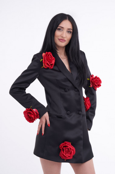 Rochie Neagră tip Sacou cu Trandafiri model Riley