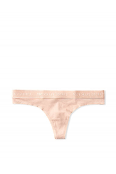 Chiloti tanga Victoria`s Secret, Logo Cotton Thong Panty, Nude