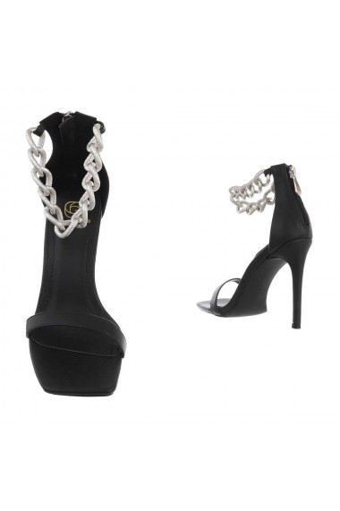 Sandale cu toc dama elegante, toc inalt, accesorizate cu lant, negre