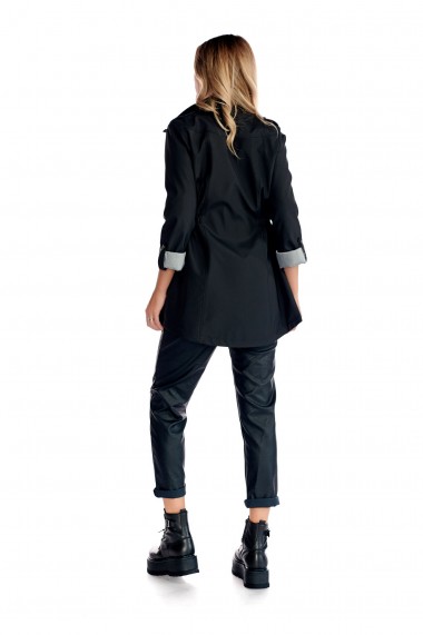 Jacheta neagra Fashion Loft din fas midi inchidere fermoar si capse cu buzunare