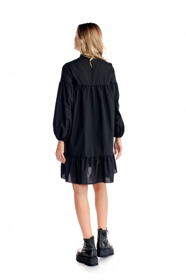 Rochie casual Fashion Loft scurta cu maneci lungi volane culoarea neagra