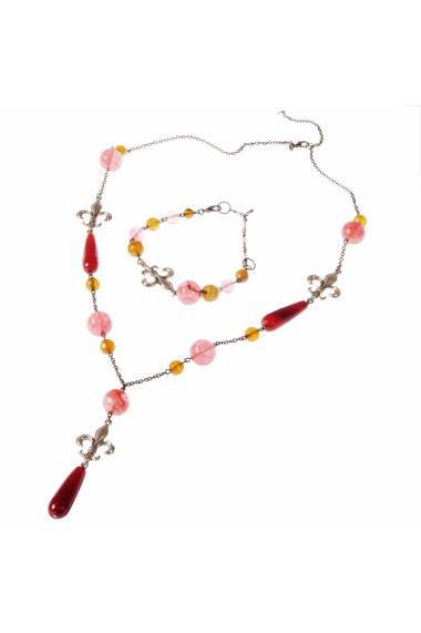 Set bijuterii GANELLI- colier lung, bratara, cercei din Agate Piatra Dragonului, Cuart cherry