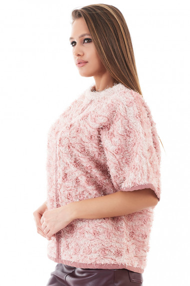 Pulover de dama roz din tricot gros cu elemente din matase