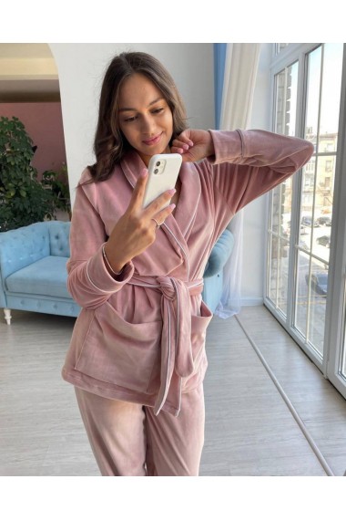 Pijama din catifea cu bluza cu maneca lunga si pantalon lung Roz