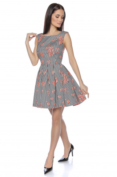 Rochie de zi scurta cu dungi si print floral portocaliu Roxy Fashion Nina