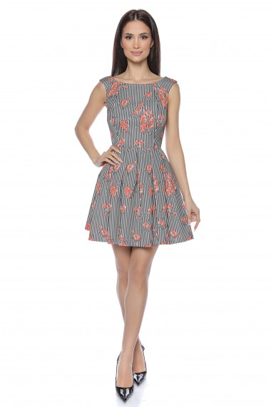 Rochie de zi scurta cu dungi si print floral portocaliu Roxy Fashion Nina