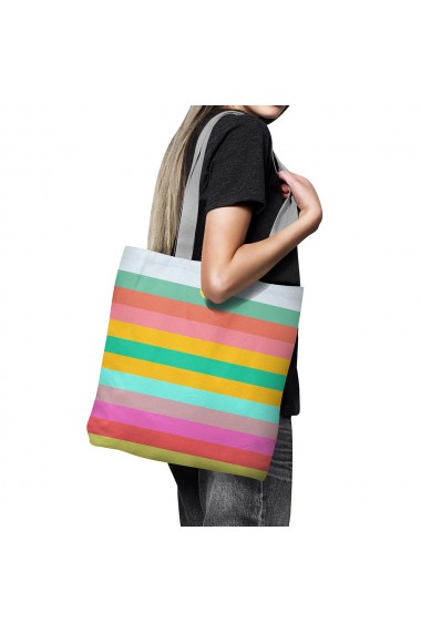 Geanta Handmade Tote Bag Basic Original Mulewear Abstract Dungi Orizontale Colorate Horizontally Colored Multicolor 43x37 cm