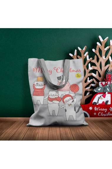Geanta Handmade Tote Basic Merry Christmas Urare de Craciun cu Pisici Multicolor 43x37 cm