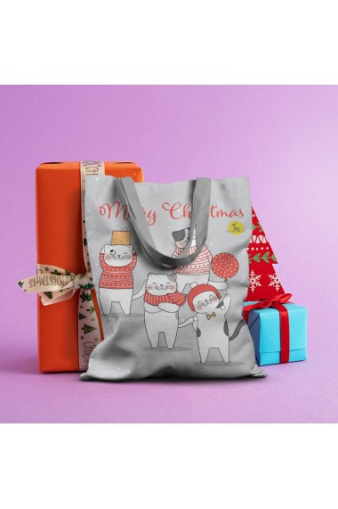 Geanta Handmade Tote Basic Merry Christmas Urare de Craciun cu Pisici Multicolor 43x37 cm