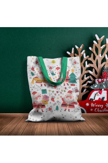Geanta Handmade Tote Basic Merry Christmas Mos Craciun incantat ca se apropie Craciunul Multicolor 43x37 cm