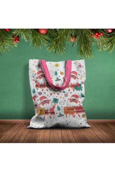 Geanta Handmade Tote Basic Merry Christmas Mos Craciun cu Ochelari Multicolor 43x37 cm