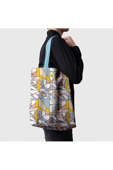 Geanta Handmade Tote Bag Basic Original Mulewear Geometric Abstract Patrate Culori Calme Calming Compo Multicolor 43x37 cm