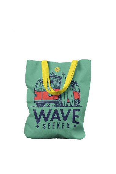 Geanta de Plaja Tote Bag Basic Handmade Original Mulewear Wave Seeker VW Bus si Placi de Surf la Plaja Multicolor 43x37 cm