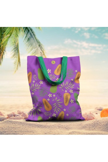 Geanta de Plaja Tote Bag Basic Handmade Original Mulewear Fructe Mango si Flori pe Fundal Violet la Plaja Multicolor 43x37 cm