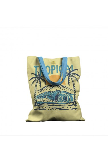 Geanta de Plaja Tote Bag Basic Handmade Original Mulewear Tropical Soare Valuri si Palmieri la Plaja Multicolor 43x37 cm