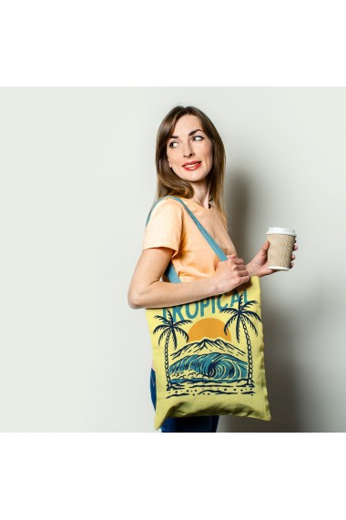 Geanta de Plaja Tote Bag Basic Handmade Original Mulewear Tropical Soare Valuri si Palmieri la Plaja Multicolor 43x37 cm