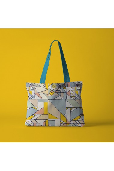 Geanta Handmade Tote Bag Fatty Captusit Original Mulewear Geometric Abstract Patrate Culori Calme Calming Compo Multicolor 37x45 cm