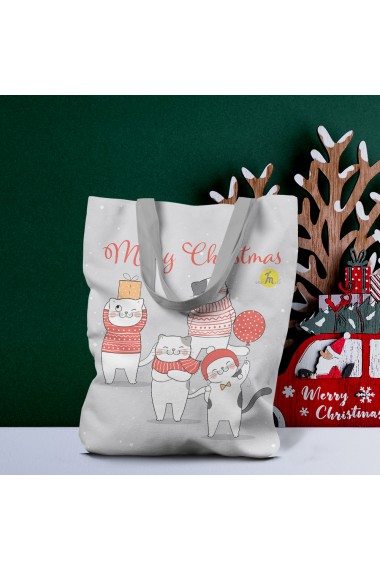 Geanta Handmade Tote Liner cu Captuseala Merry Christmas Urare de Craciun cu Pisici Multicolor 45x37 cm
