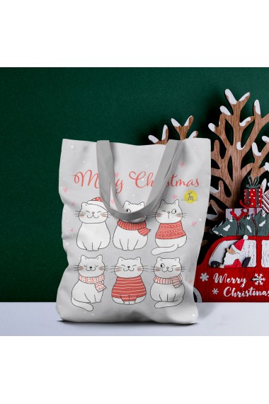 Geanta Handmade Tote Liner cu Captuseala Merry Christmas Urare de Craciun de la 6 Pisici Multicolor 45x37 cm