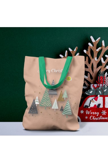 Geanta Handmade Tote Liner cu Captuseala Merry Christmas Brazi Diversi de Craciun Multicolor 43x37 cm