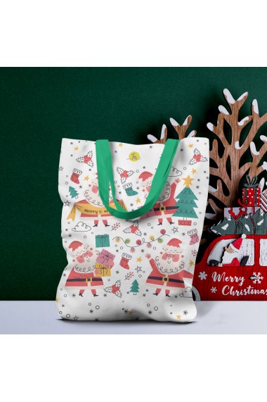 Geanta Handmade Tote Liner cu Captuseala Merry Christmas Mos Craciun incantat ca se apropie Craciunul Multicolor 43x37 cm