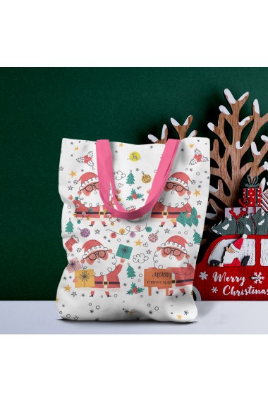 Geanta Handmade Tote Liner cu Captuseala Merry Christmas Mos Craciun cu Ochelari Multicolor 43x37 cm