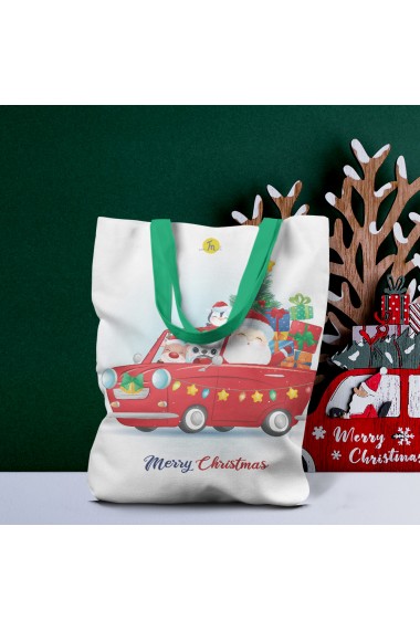 Geanta Handmade Tote Liner cu Captuseala Merry Christmas Mos Craciun cu Masina Rosie Multicolor 43x37 cm