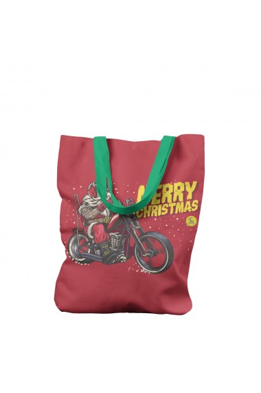 Geanta Handmade Tote Liner cu Captuseala Merry Christmas Mos Craciun pe Motocicleta Multicolor 43x37 cm
