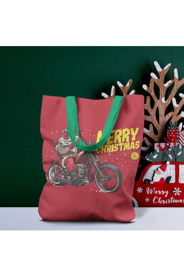 Geanta Handmade Tote Liner cu Captuseala Merry Christmas Mos Craciun pe Motocicleta Multicolor 43x37 cm