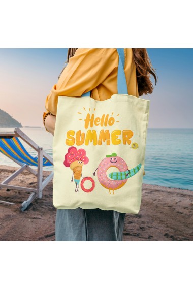 Geanta de Plaja Tote Bag Liner Captusit Handmade Original Mulewear Hello Summer Inghetata cu Gogoasa la Plaja Multicolor 45x37 cm