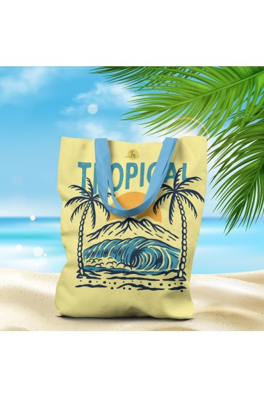 Geanta de Plaja Tote Bag Liner Captusit Handmade Original Mulewear Tropical Soare Valuri si Palmieri la Plaja Multicolor 45x37 cm
