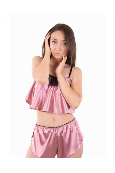 Pijama dama model Ria satin roz cu dantela neagra Rosu