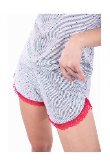 Pijama dama model Stelute bumbac cu dantela rosie Bleumarin