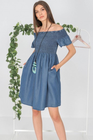 Rochie scurta, Roh Boutique ROH DR4305, denim, cu bust incretit denim