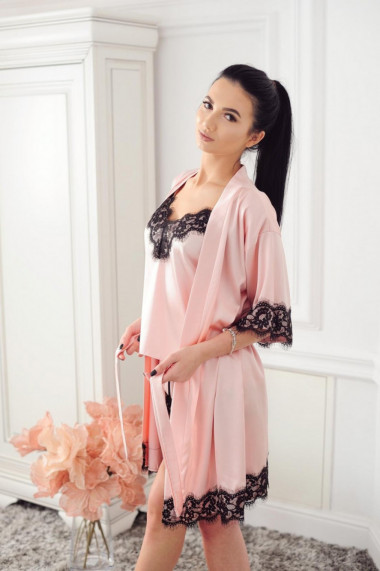 Set de pijama Lace is more din satin roz pudra cu halat, Roz