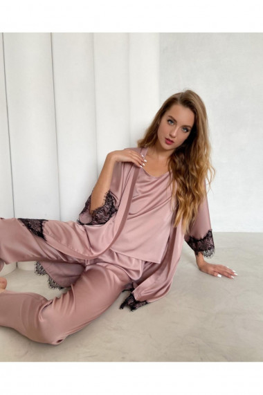 Set de pijama Lace is more din satin cu halat, Roz