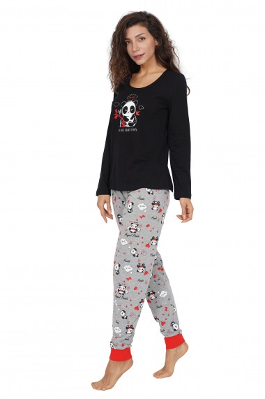 Pijama dama din bumbac, model panda cu maneca lunga si pantalon lung