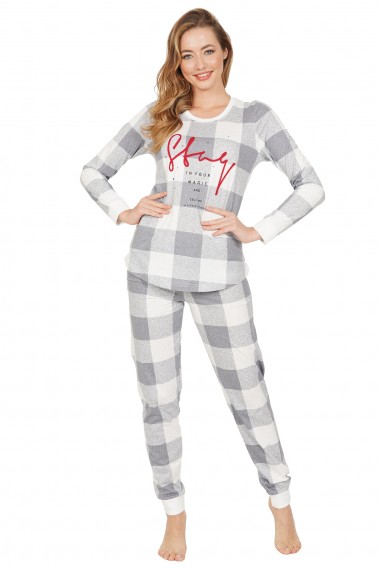 Pijama dama din bumbac, model carouri, cu maneca lunga si pantalon lung