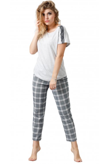 Pijama din bumbac, tricou cu maneca scurta si pantalon lung