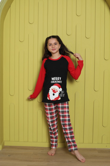 Pijama de Craciun fetite, negru imprimeu text Merry Christmas