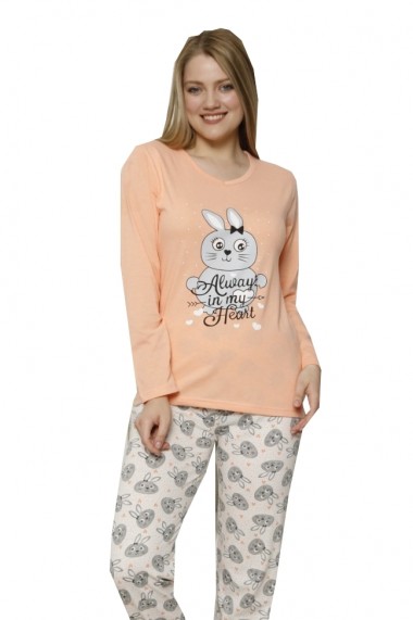 Pijama Toski cu maneca lunga si pantaloni lungi imprimeu iepuras Portocaliu