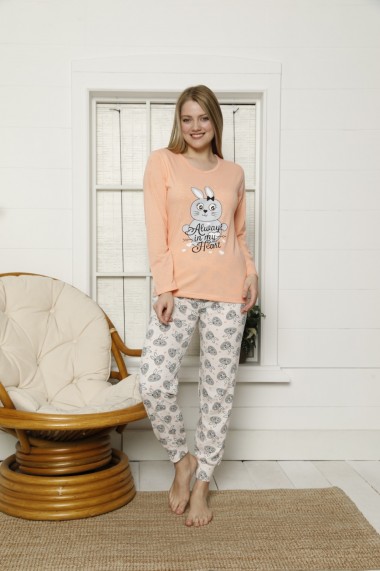 Pijama Toski cu maneca lunga si pantaloni lungi imprimeu iepuras Portocaliu
