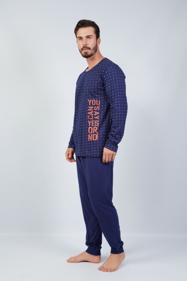 Pijama Toski pentru barbati din bumbac cu imprimeu patratele, Bleumarin
