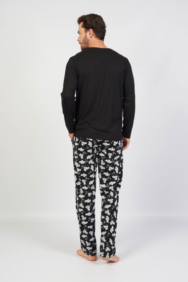 Pijama Toski pentru barbati din bumbac cu pantalon lung si bluza cu maneca lunga, Negru