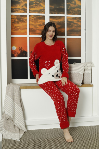 Pijama dama cocolino polar, pufoasa cu imprimeu ursuleti