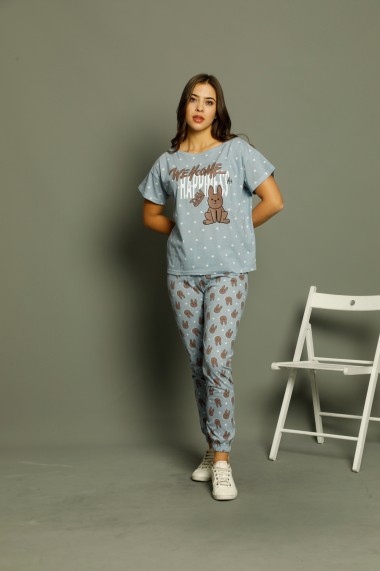 Pijama Toski din bumbac cu imprimeu iepuras, Albastru