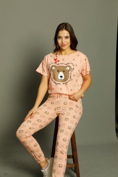 Pijama Toski din bumbac cu pantaloni lungi si bluza cu maneca scurta, Portocaliu